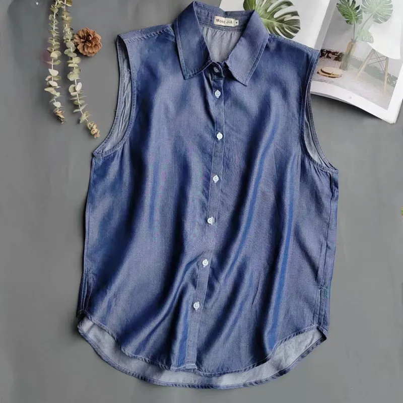 Shirt Camp Collar - Camicia in Denim Blu Senza Maniche